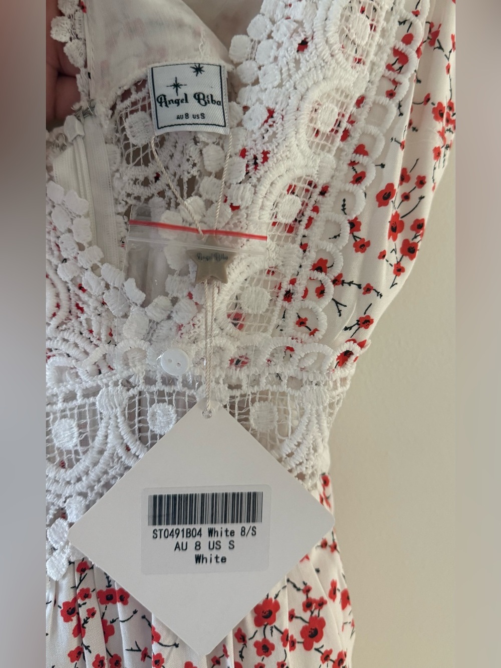 Angel Biba White Floral Lace Mini Dress S Romantic Cottagecore Boho Dress - Picture 12 of 14